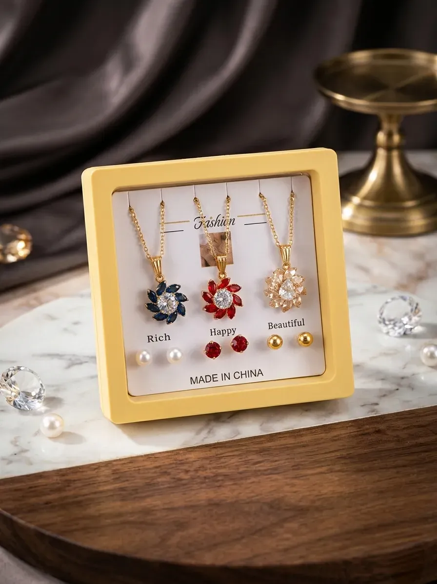 Women Funky Multicolor Crystal Pendant Set Gold Plated