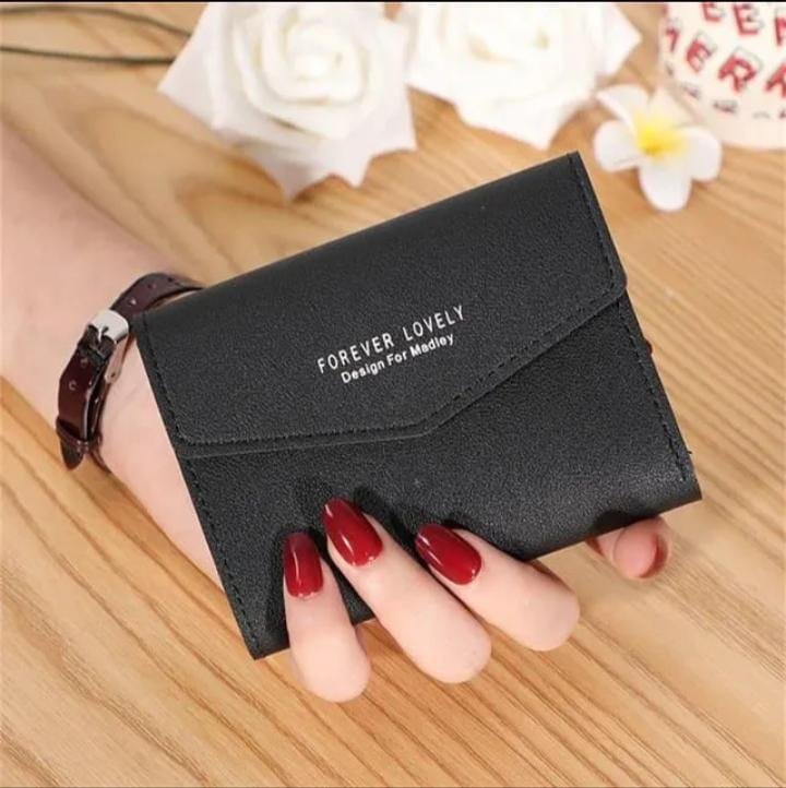 Black Leather Tri-Fold Wallet for Women