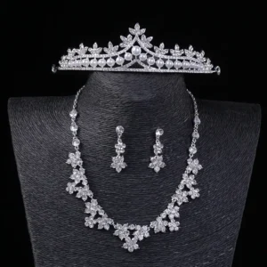 Pakistani Bridal Crown Necklace Earrings Set with Rhinestones