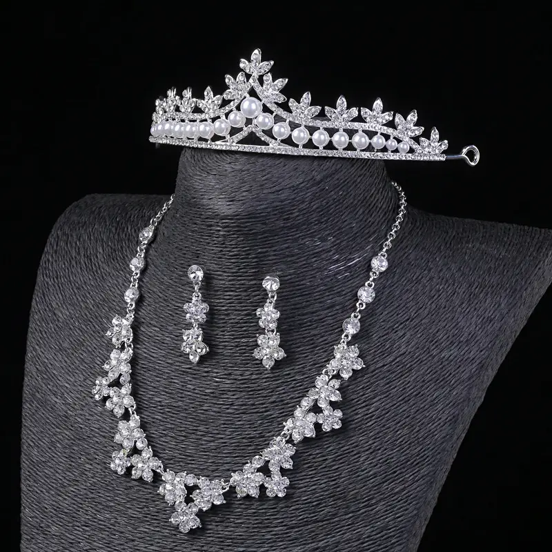 Pakistani Bridal Crown Necklace Earrings Set with Rhinestones