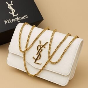 White YSL Logo Crossbody Bag with Gold Chain Strap