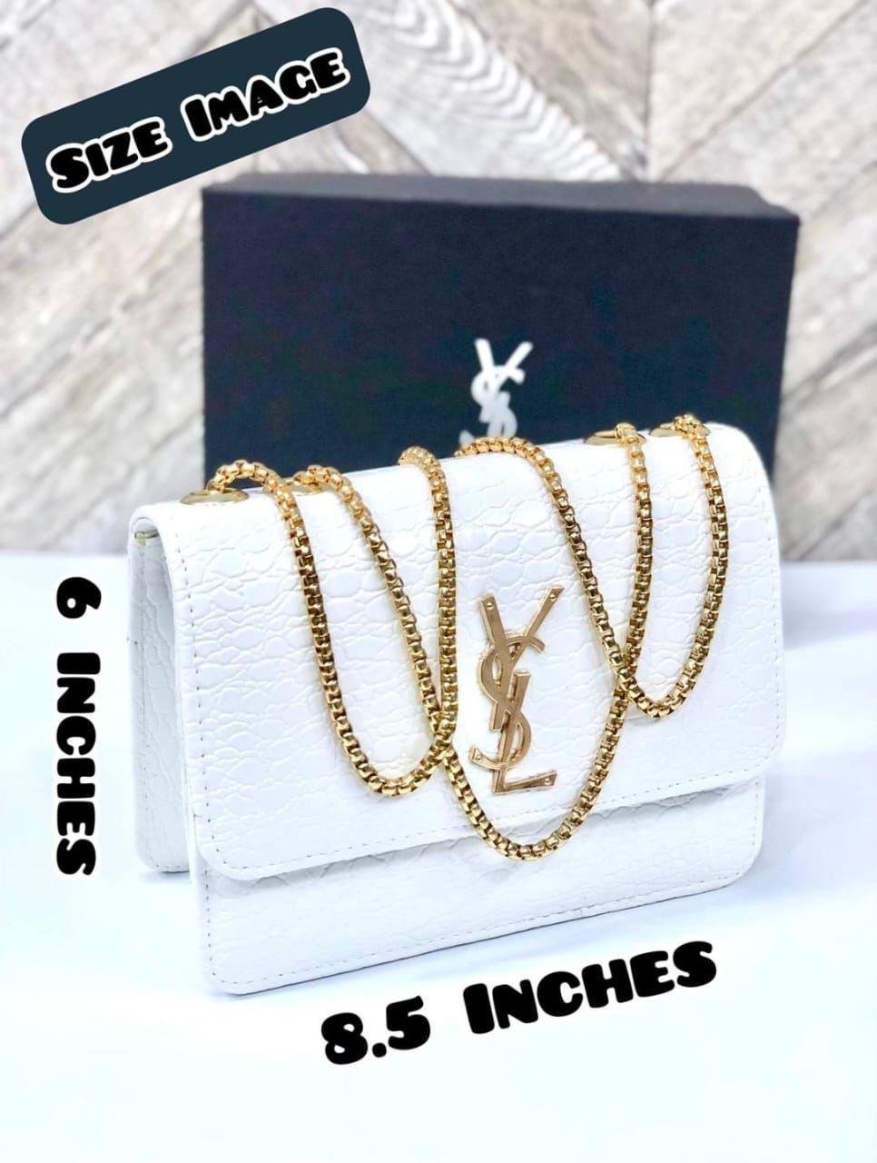 White YSL Logo Crossbody Bag with Gold Chain Strap