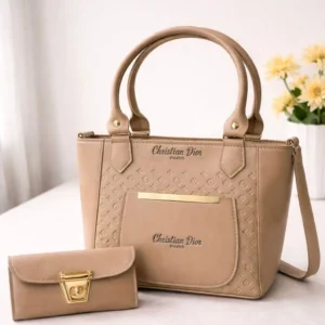 Beige Leather Shoulder Bag Set 8×10″ for Women with Wallet