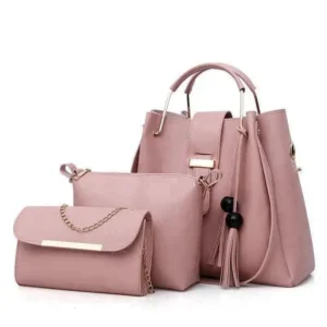 Pink Women’s PU Leather 3-Piece Handbag Set