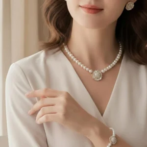 Black Floral Pearl Necklace Set for Women