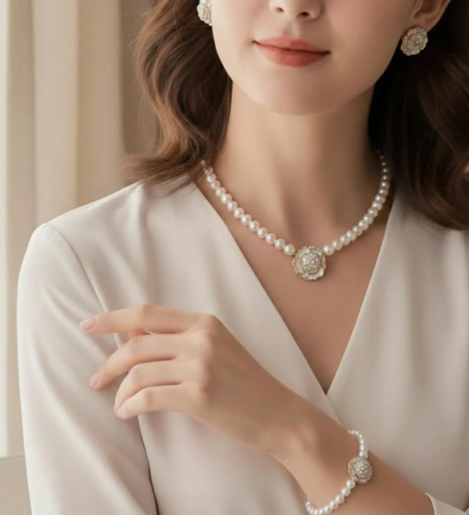 Black Floral Pearl Necklace Set for Women
