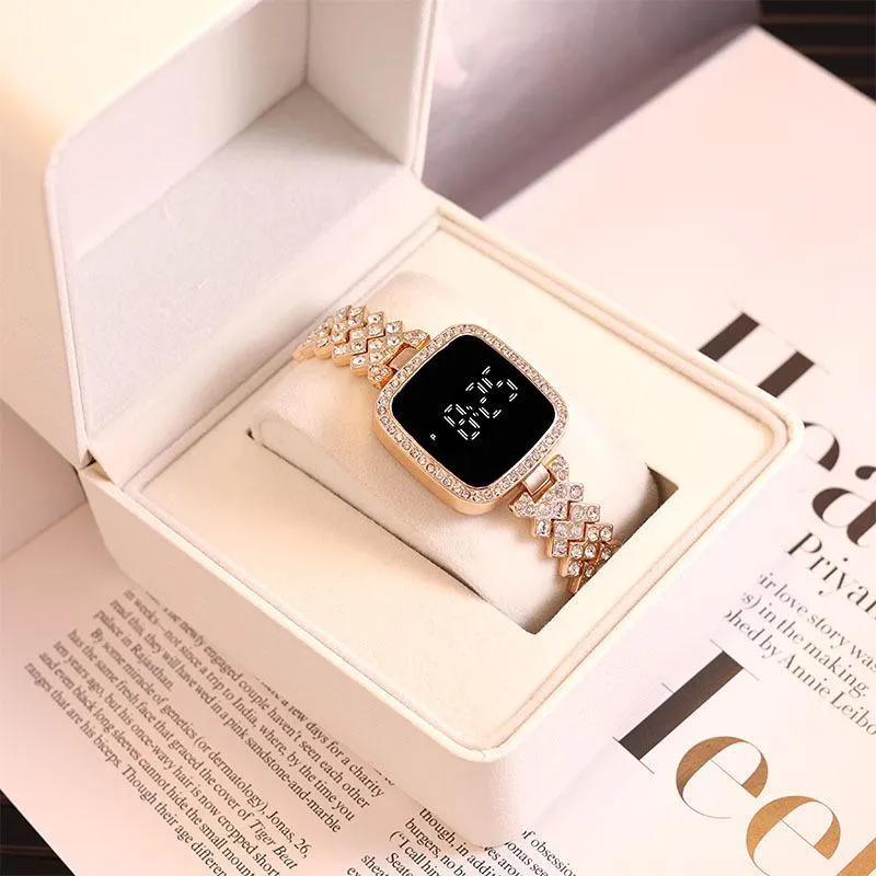 Women Crystal Watch Square Dial Touch Screen Rhinestone Band