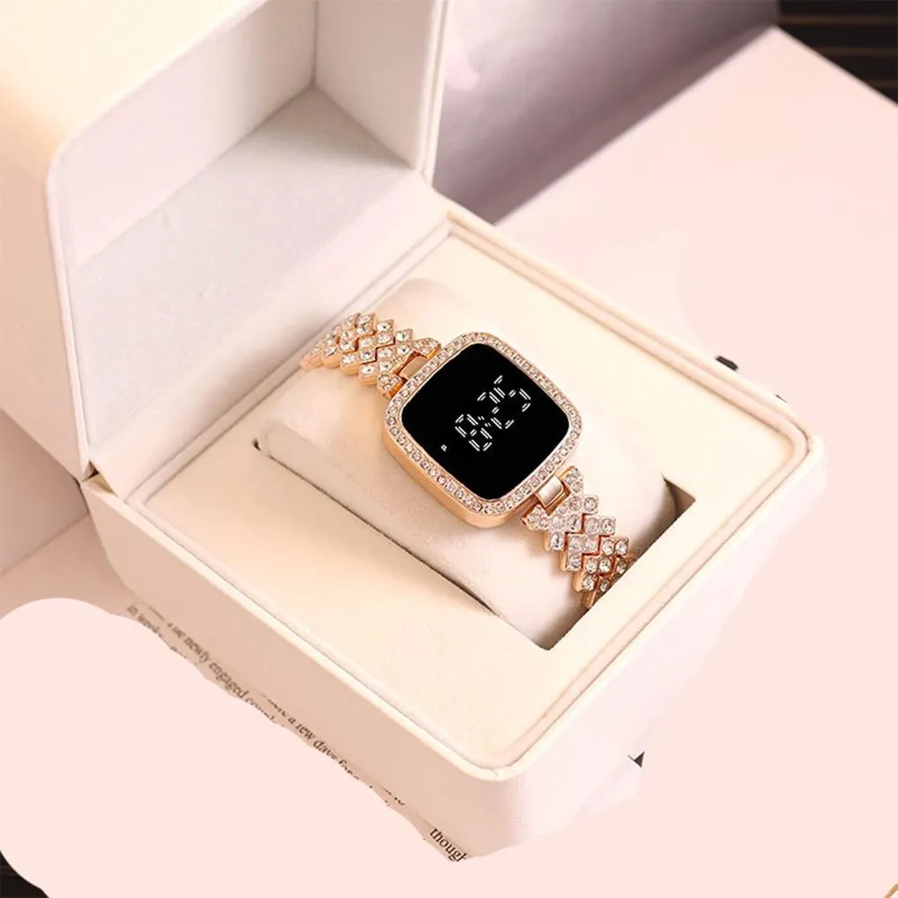 Women Crystal Watch Square Dial Touch Screen Rhinestone Band