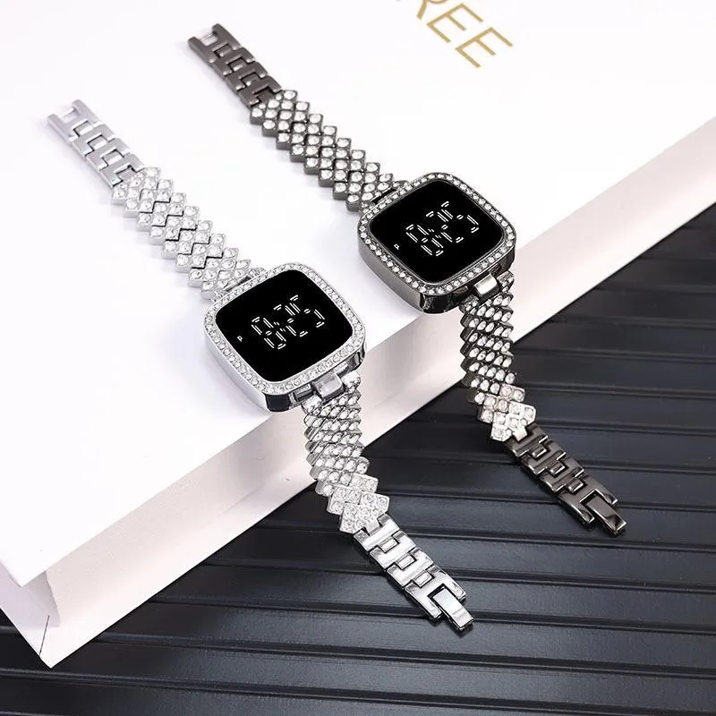 Women Crystal Watch Square Dial Touch Screen Rhinestone Band