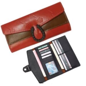 Women’s Tri-Fold Leather Wallet Red Brown Braided Clasp