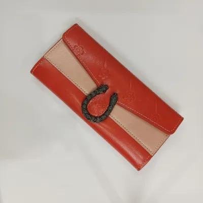 Women's Tri-Fold Leather Wallet Red Brown Braided Clasp